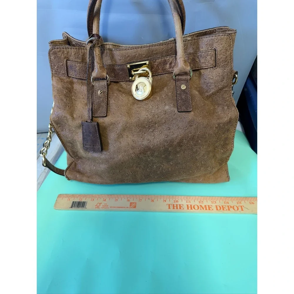 Michael Kors Hamilton Ostrich Embossed Leather Satchel Brown Gold Link Strap